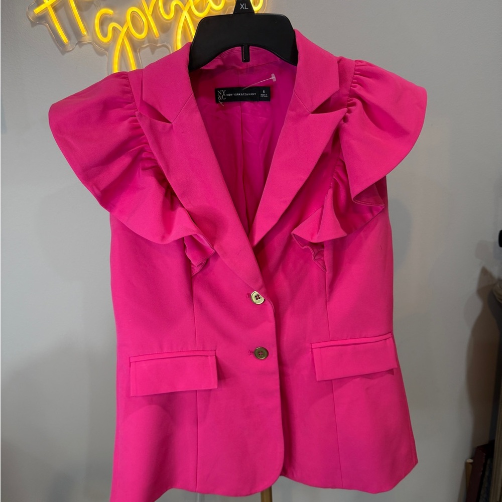 New York & Company Hot Pink Ruffle Sleeve Blazer